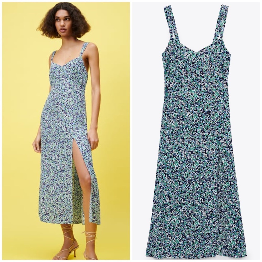 Zara Green and Blue Floral Midi Dress